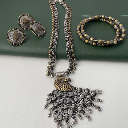 Oxidized Maa Durga/Peacock Necklace Set: Indian Navratri Jewelry