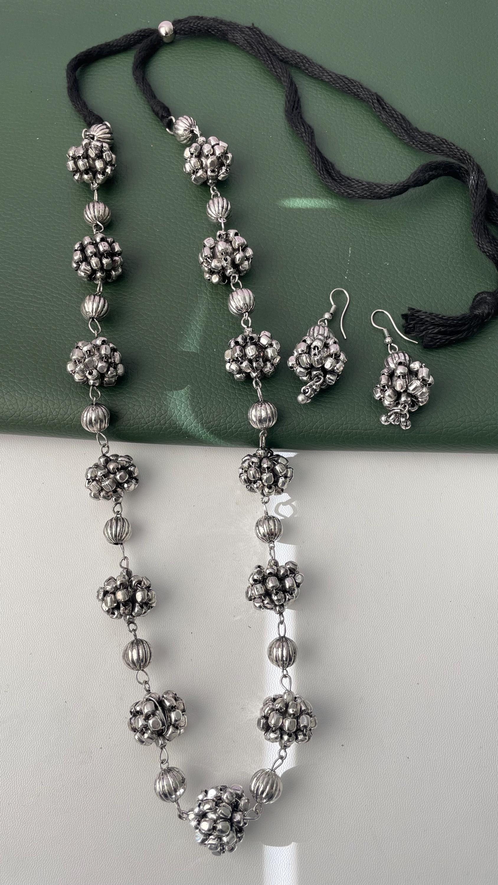 Oxidized Indian Necklace Set: Navratri Jewelry, Adjustable Length