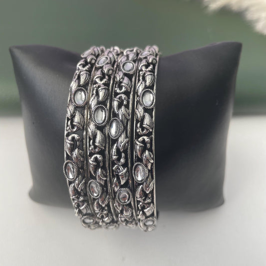 Oxidized Indian Bangle Set with Rhinestone Detail (Set of 4)