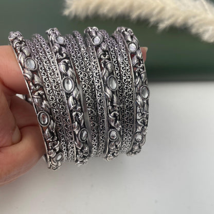Oxidized Indian Bangle Set with Rhinestone Detail (Set of 4)