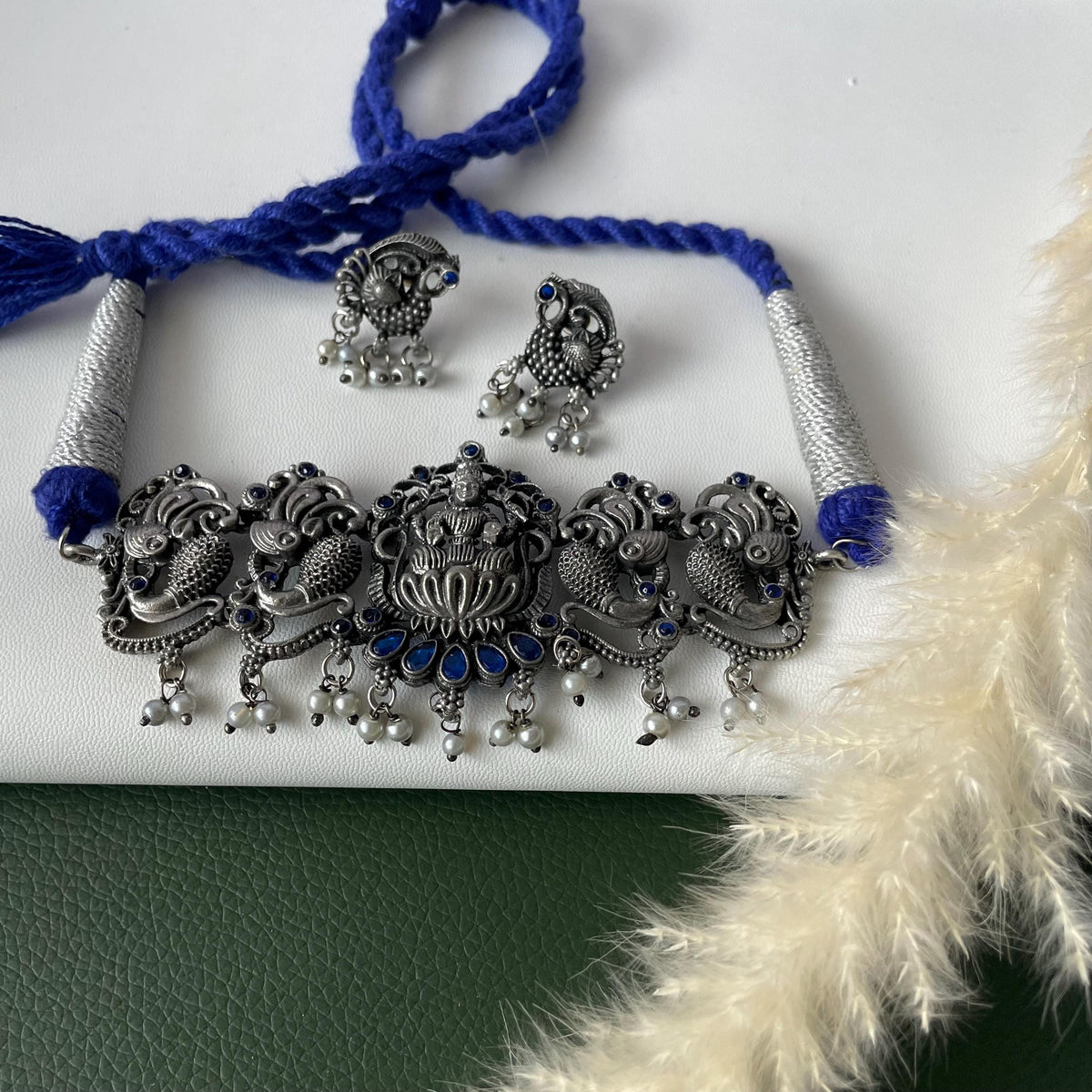 Matt Oxidized Choker or small necklace set: Colorful Stone Necklace
