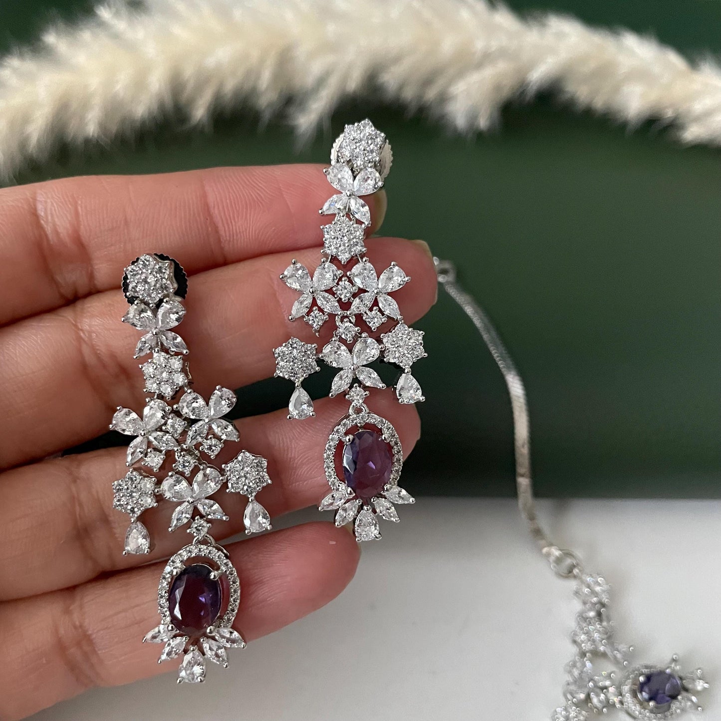 Nysaa rhodium plated CZ trendy necklace with earrings