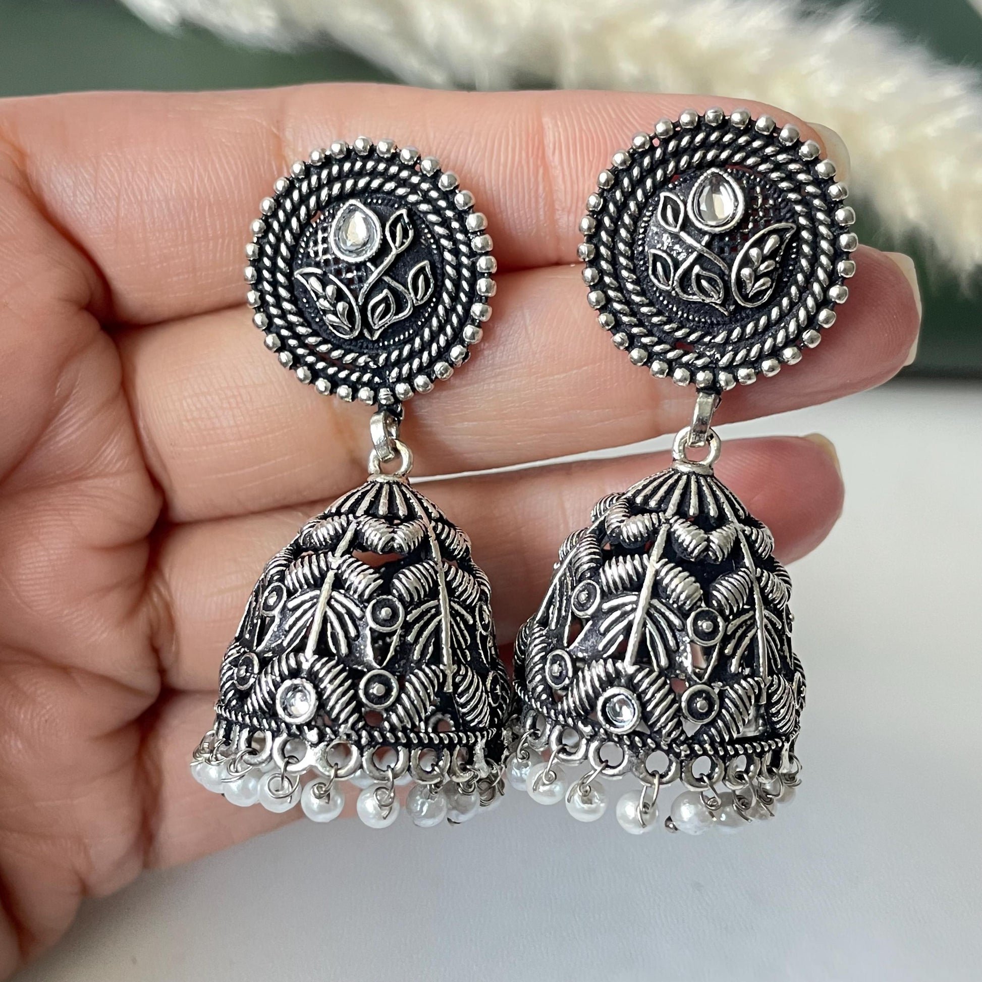 Dainty intricate designed Oxidised jhumkis