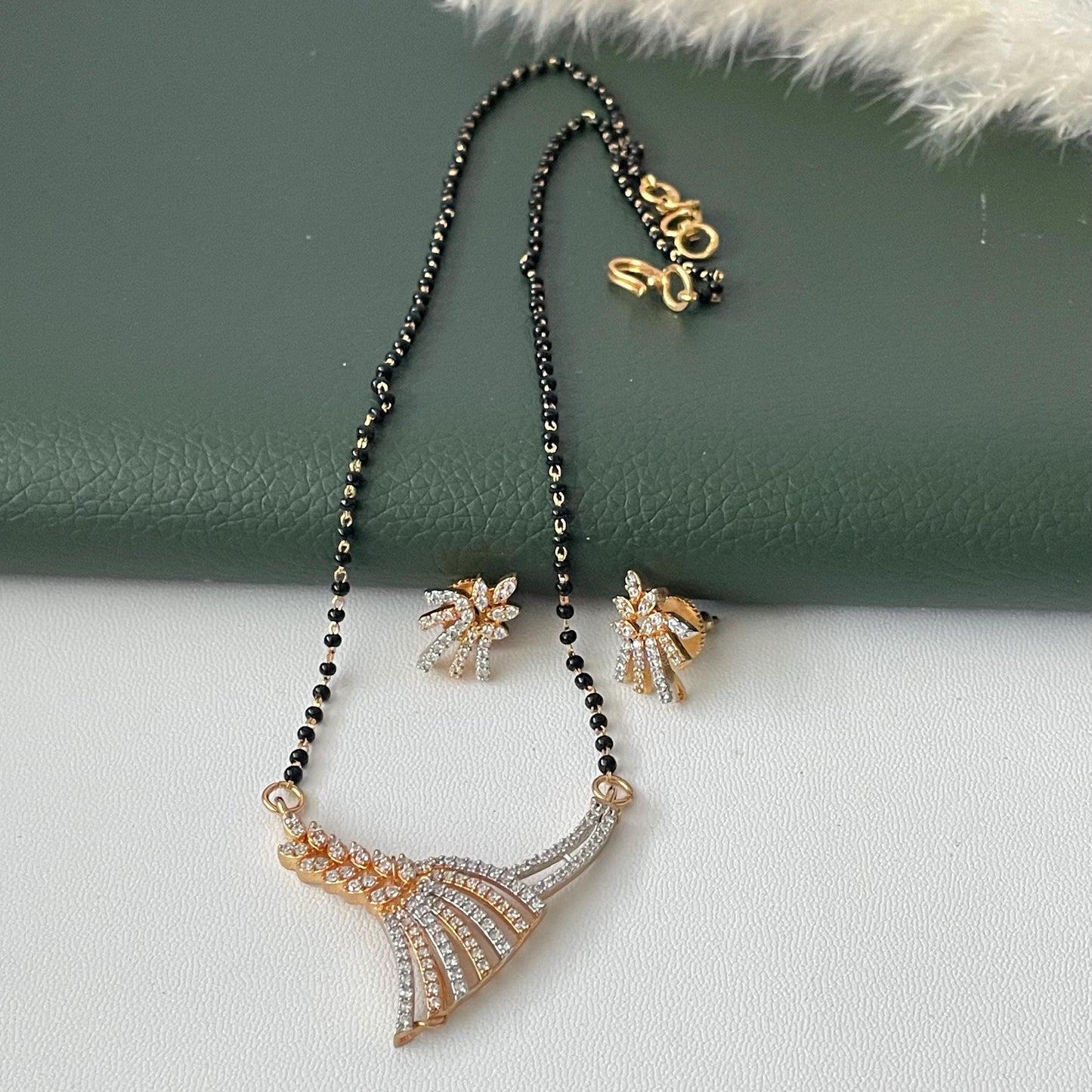 CZ pendent Mangalsutra with earrings :Black Bead Necklace