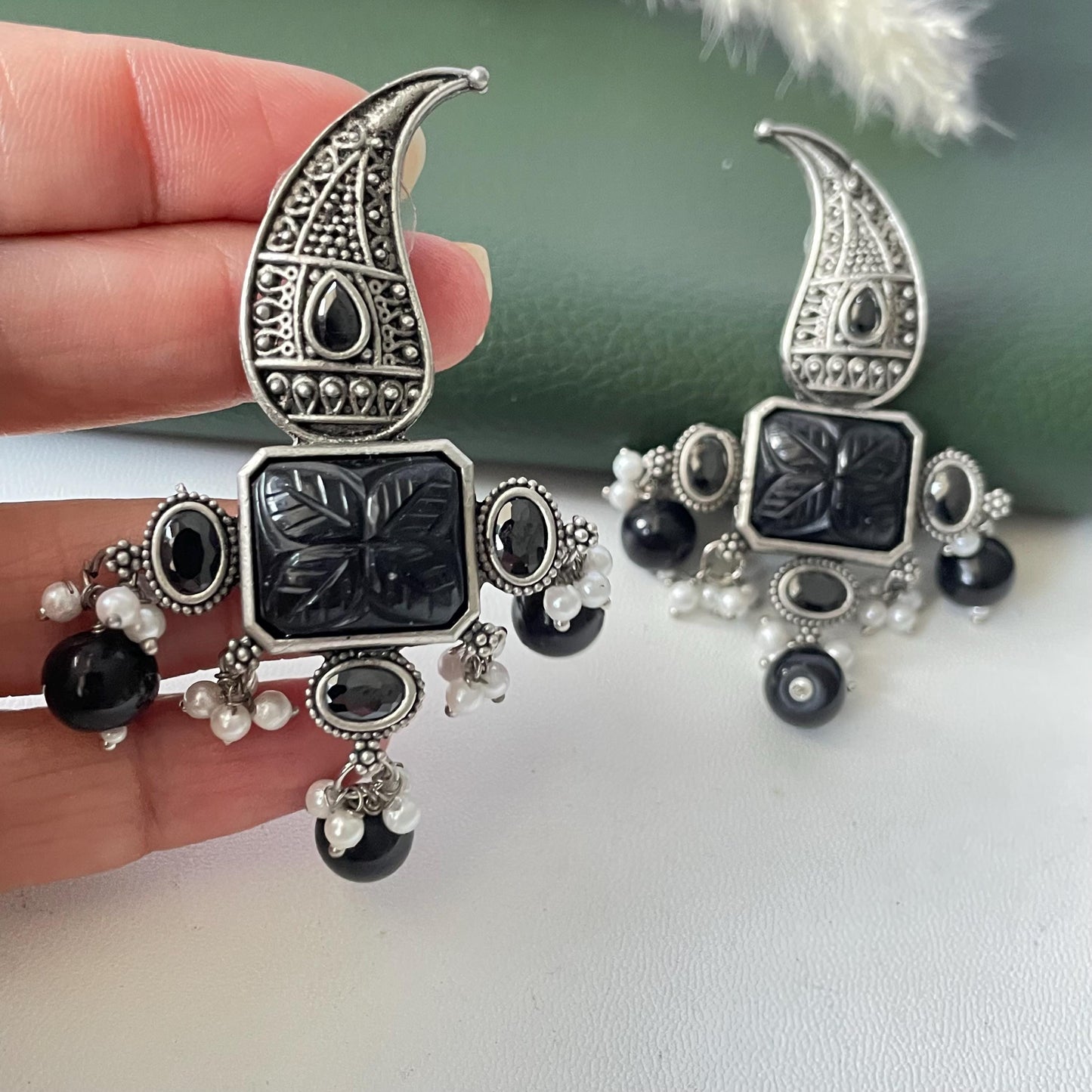 Black monalisa stone paisley Oxidised earrings