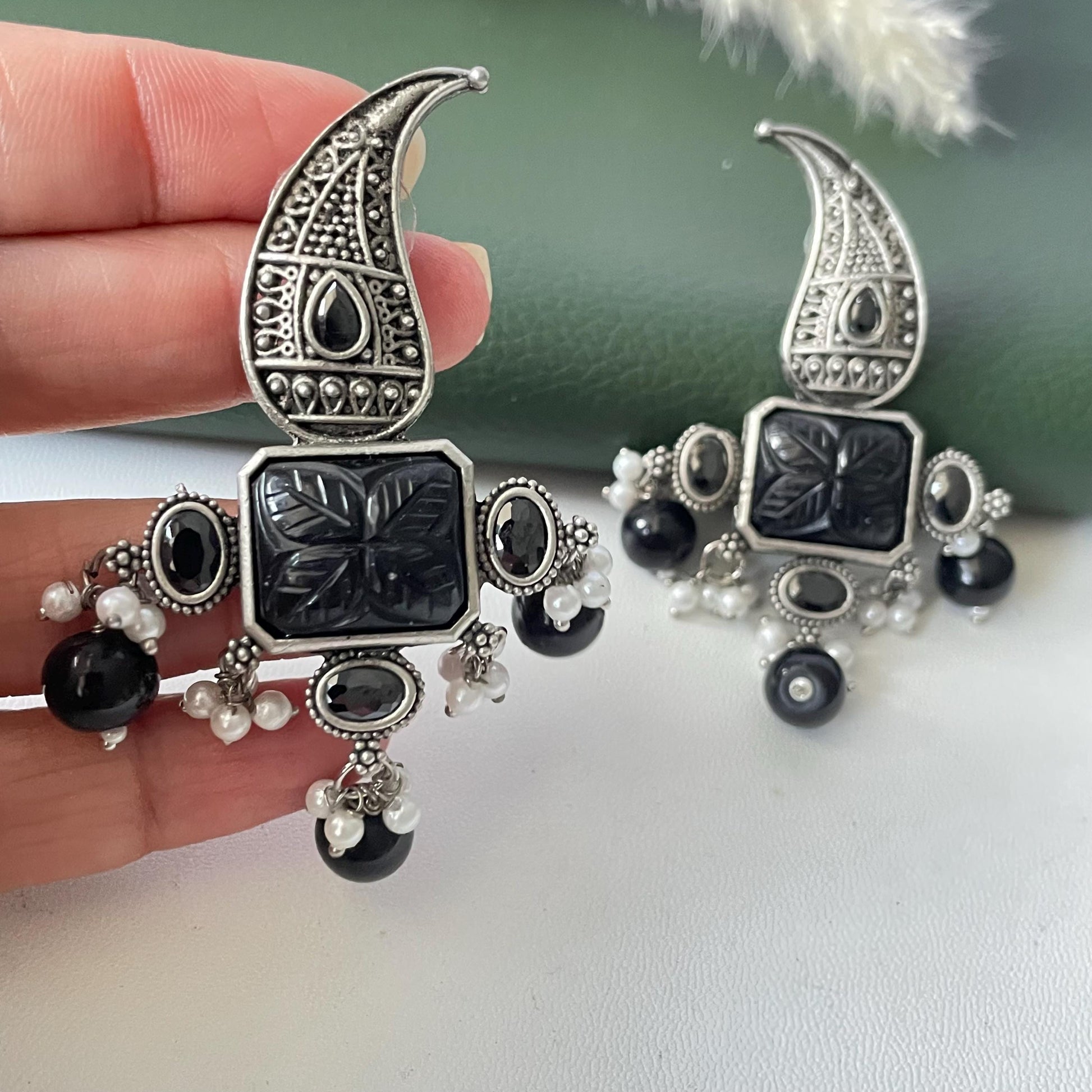 Black monalisa stone paisley Oxidised earrings