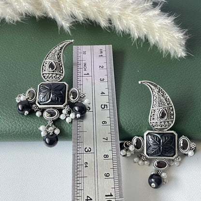 Black monalisa stone paisley Oxidised earrings