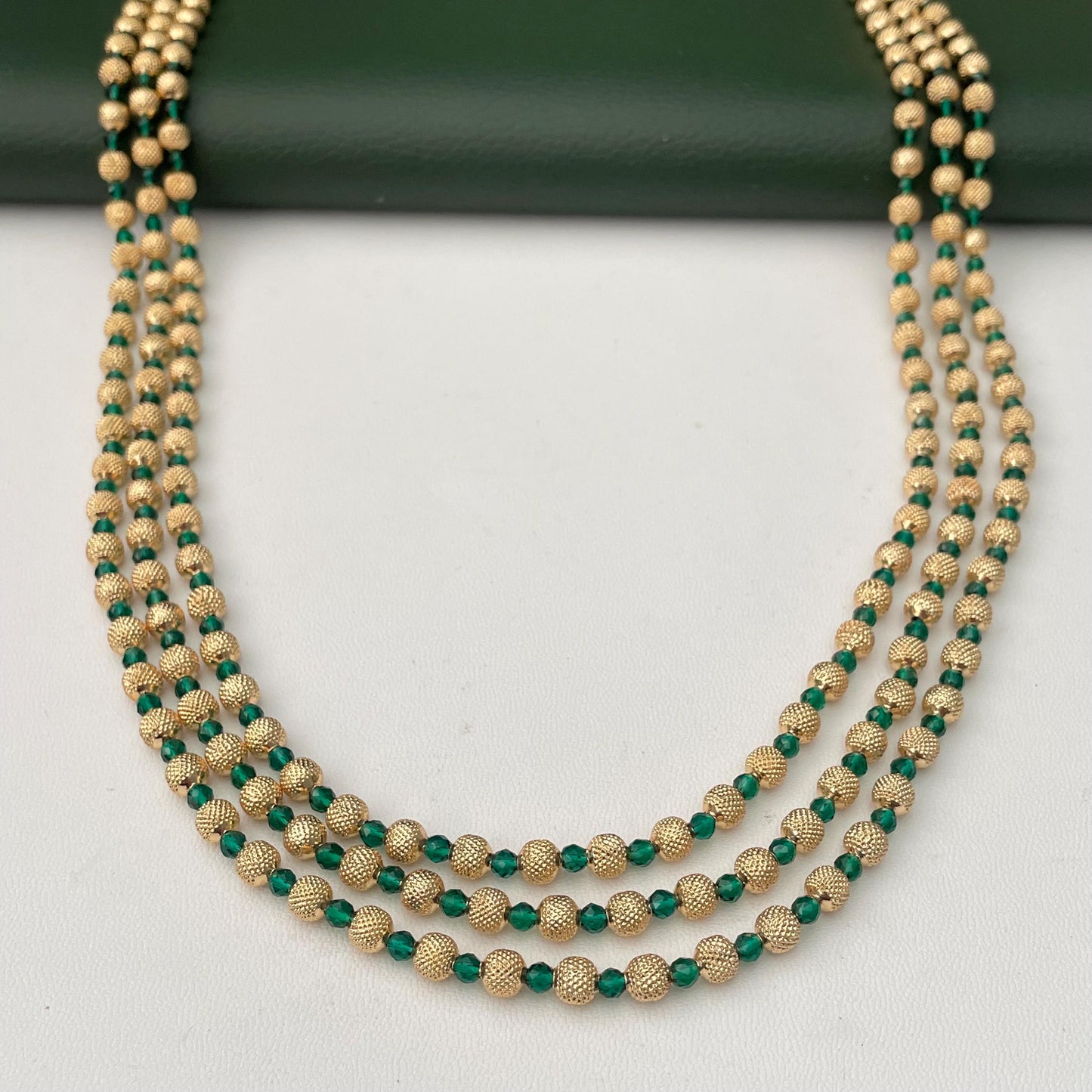 Gold Plated Multi-Layer Ruby Green Beaded Mala Necklace