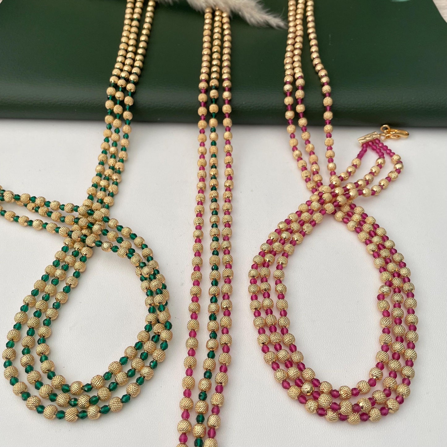 Gold Plated Multi-Layer Ruby Green Beaded Mala Necklace