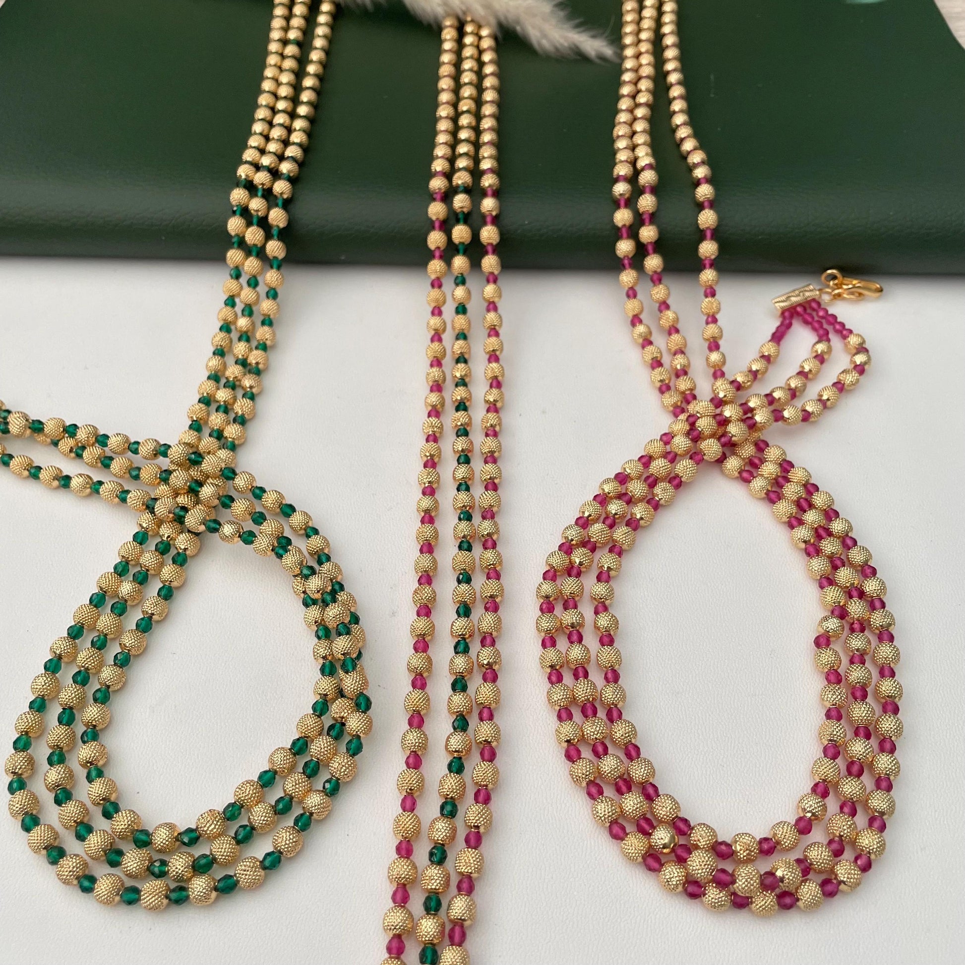 Gold Plated Multi-Layer Ruby Green Beaded Mala Necklace