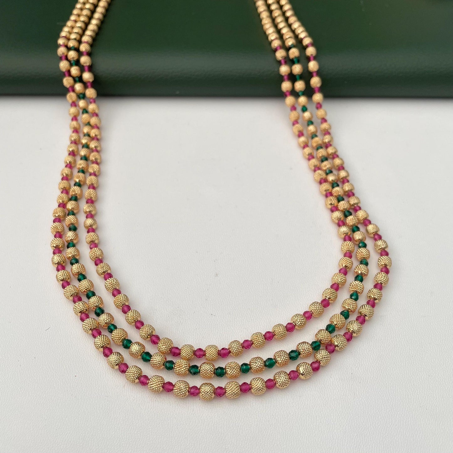 Gold Plated Multi-Layer Ruby Green Beaded Mala Necklace