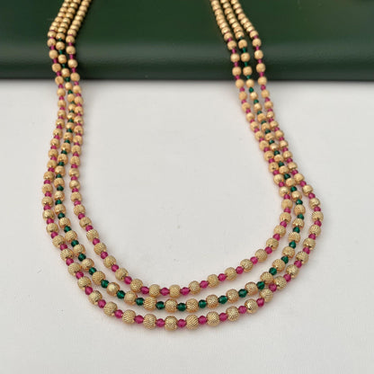 Gold Plated Multi-Layer Ruby Green Beaded Mala Necklace