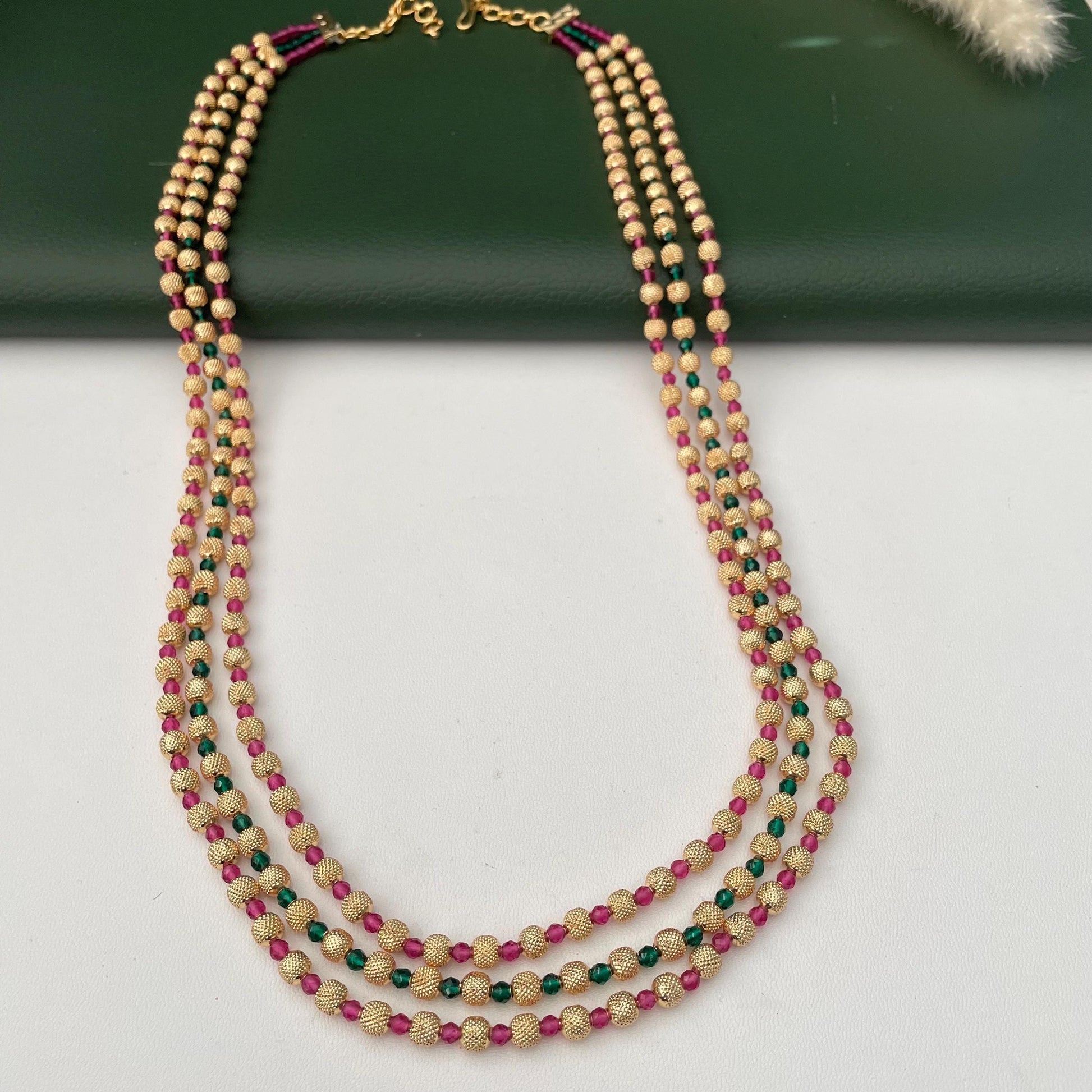 Gold Plated Multi-Layer Ruby Green Beaded Mala Necklace