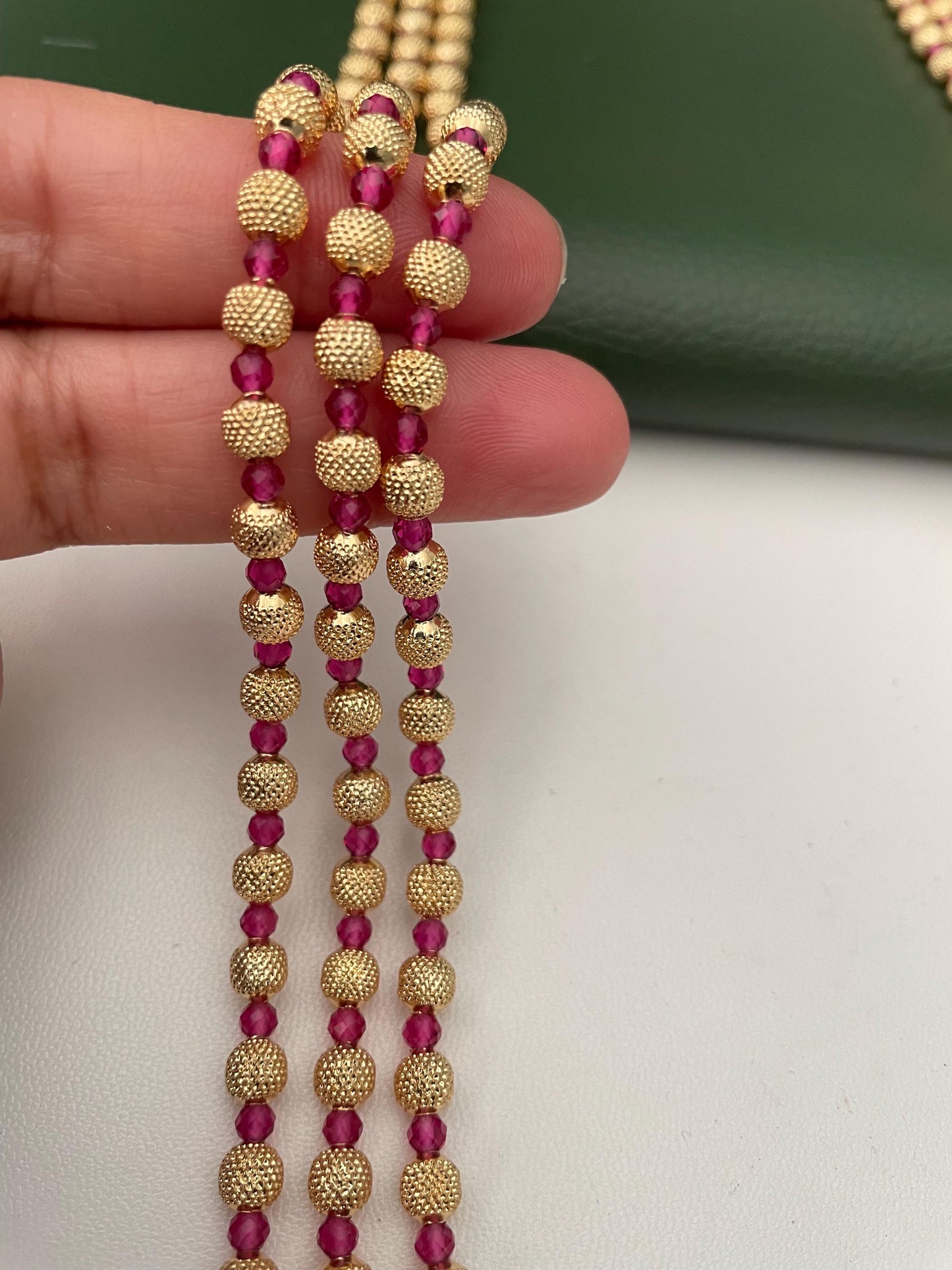 Gold Plated Multi-Layer Ruby Green Beaded Mala Necklace