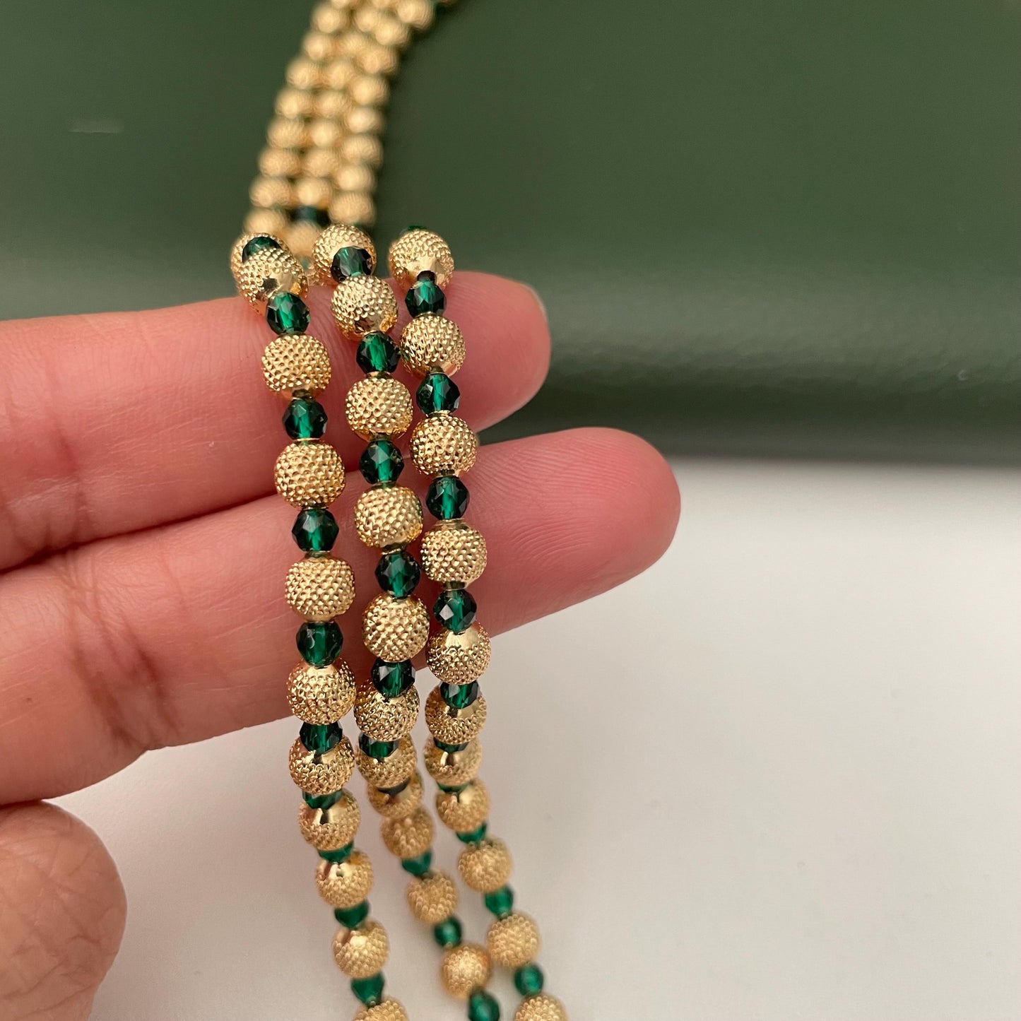 Gold Plated Multi-Layer Ruby Green Beaded Mala Necklace