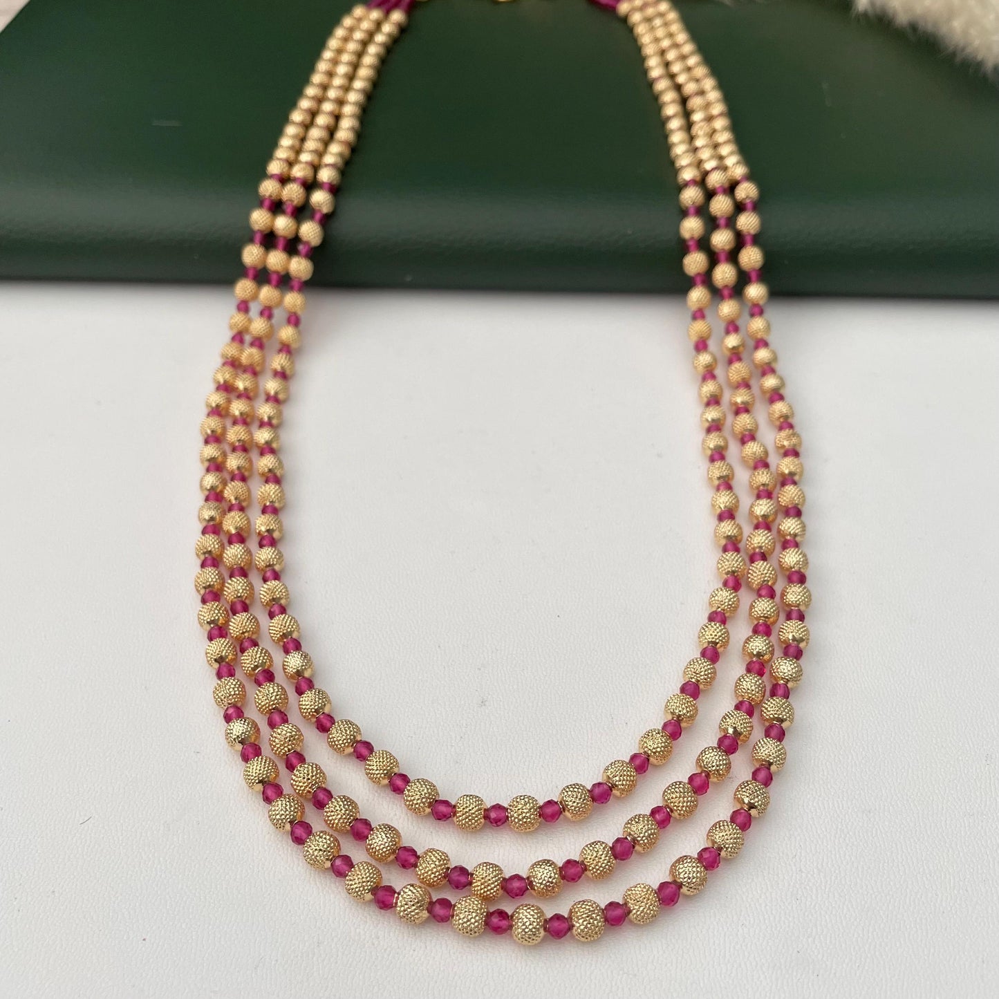 Gold Plated Multi-Layer Ruby Green Beaded Mala Necklace