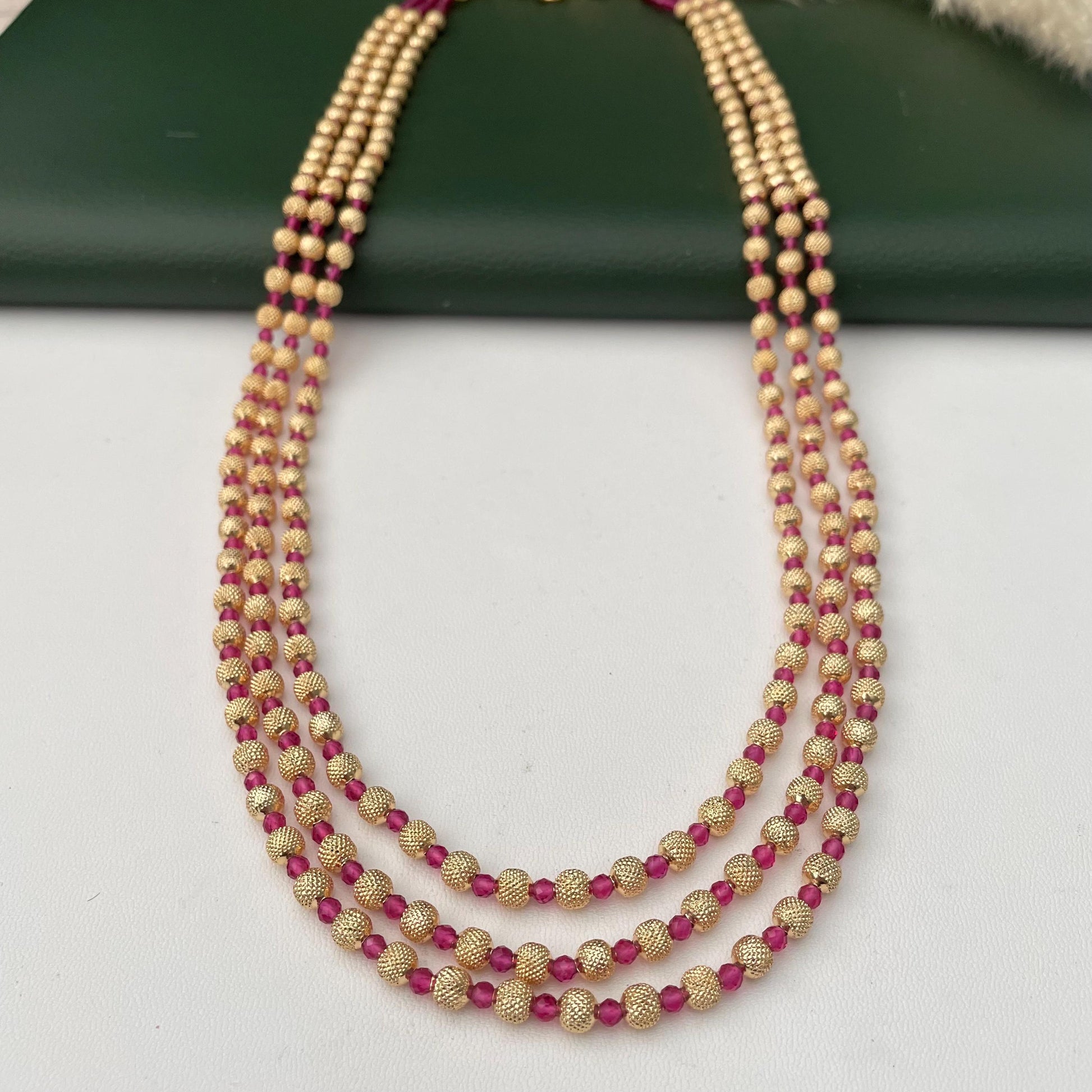 Gold Plated Multi-Layer Ruby Green Beaded Mala Necklace