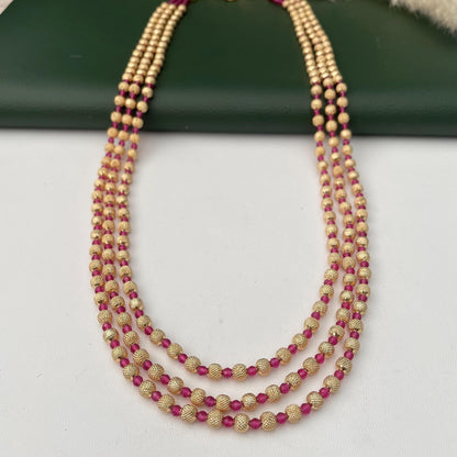 Gold Plated Multi-Layer Ruby Green Beaded Mala Necklace