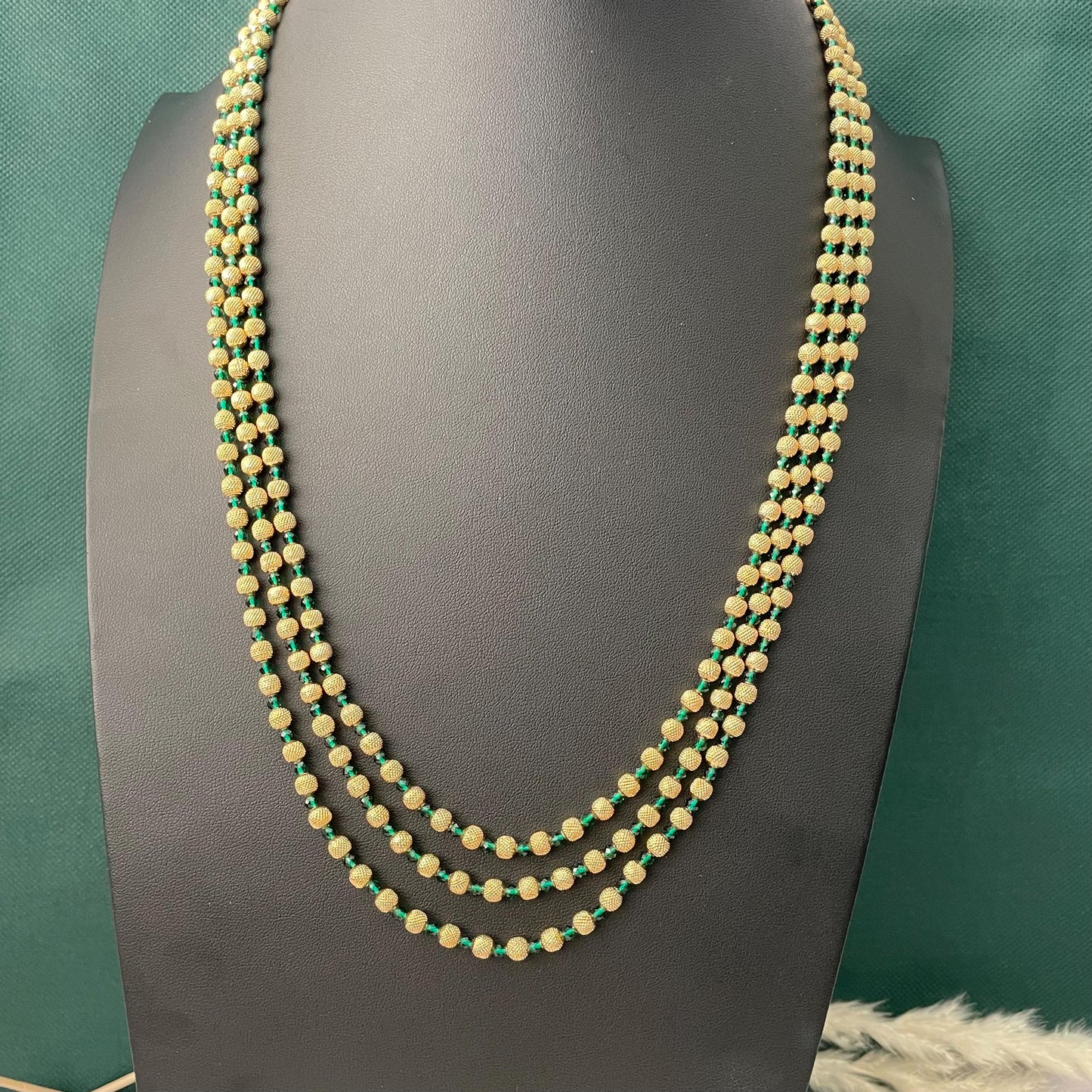 Gold Plated Multi-Layer Ruby Green Beaded Mala Necklace