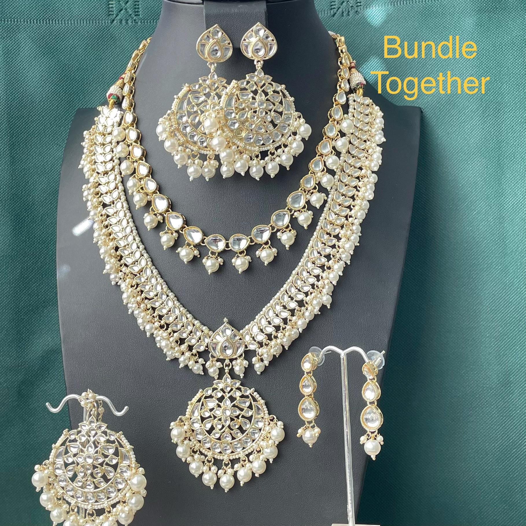 Gold plated kundan and pearl Necklace set with maang tika and Chandbali