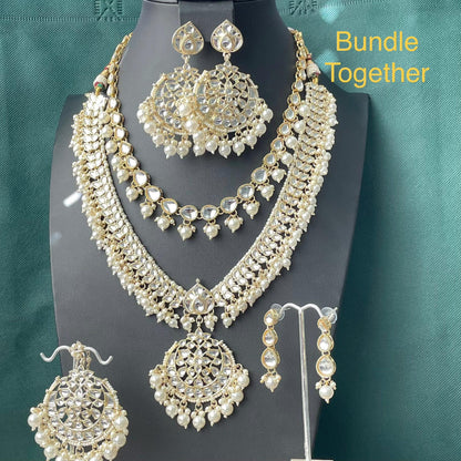 Gold plated kundan and pearl Necklace set with maang tika and Chandbali