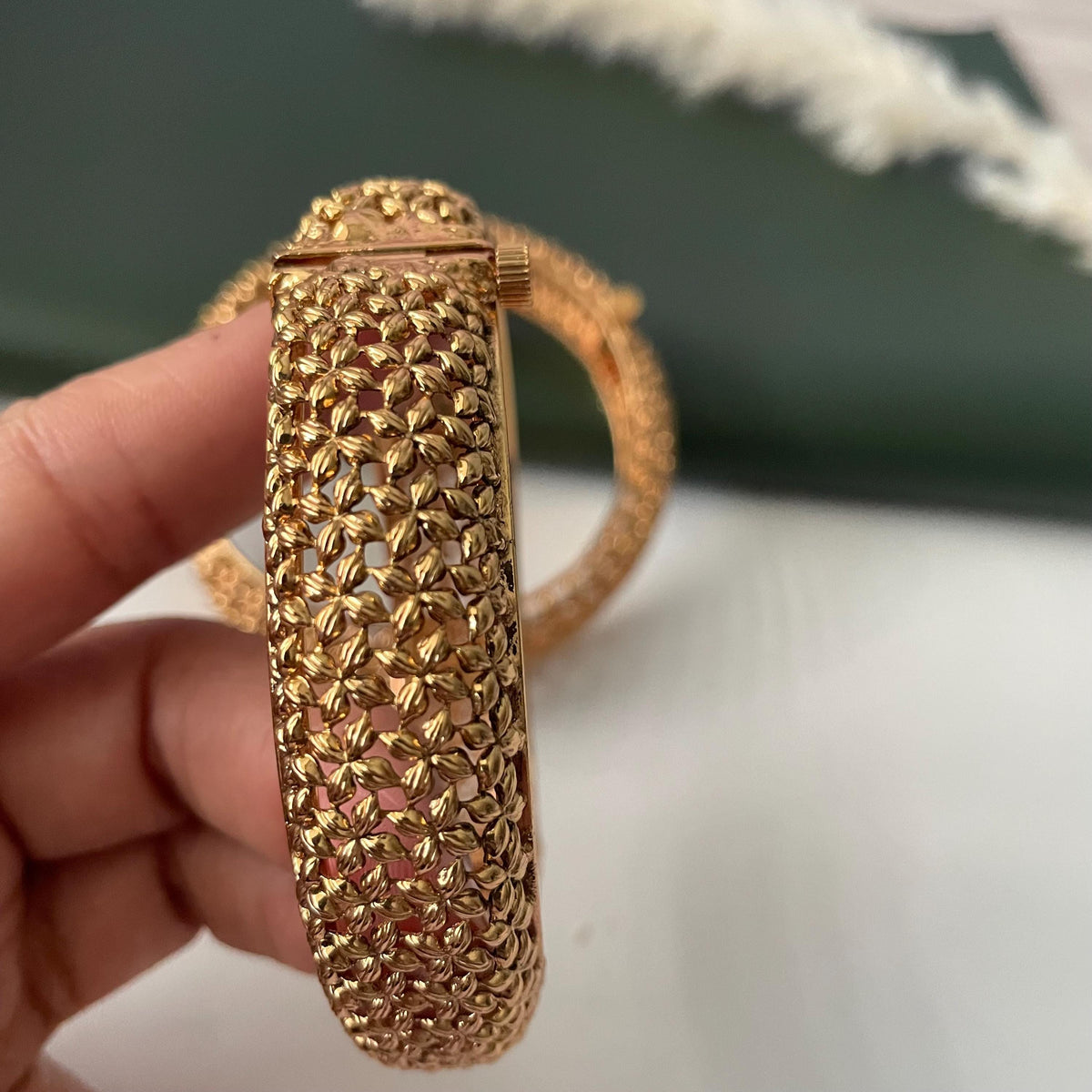 Gold Plated Indian broad openable bangles : Small flower motif
