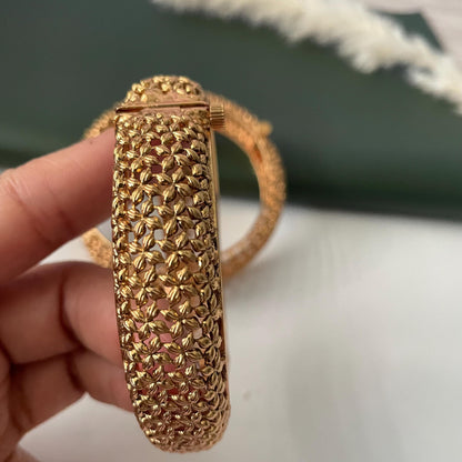 Gold Plated Indian broad openable bangles : Small flower motif