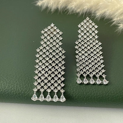 Nysaa Rhodium plated cubic zirconia long earrings