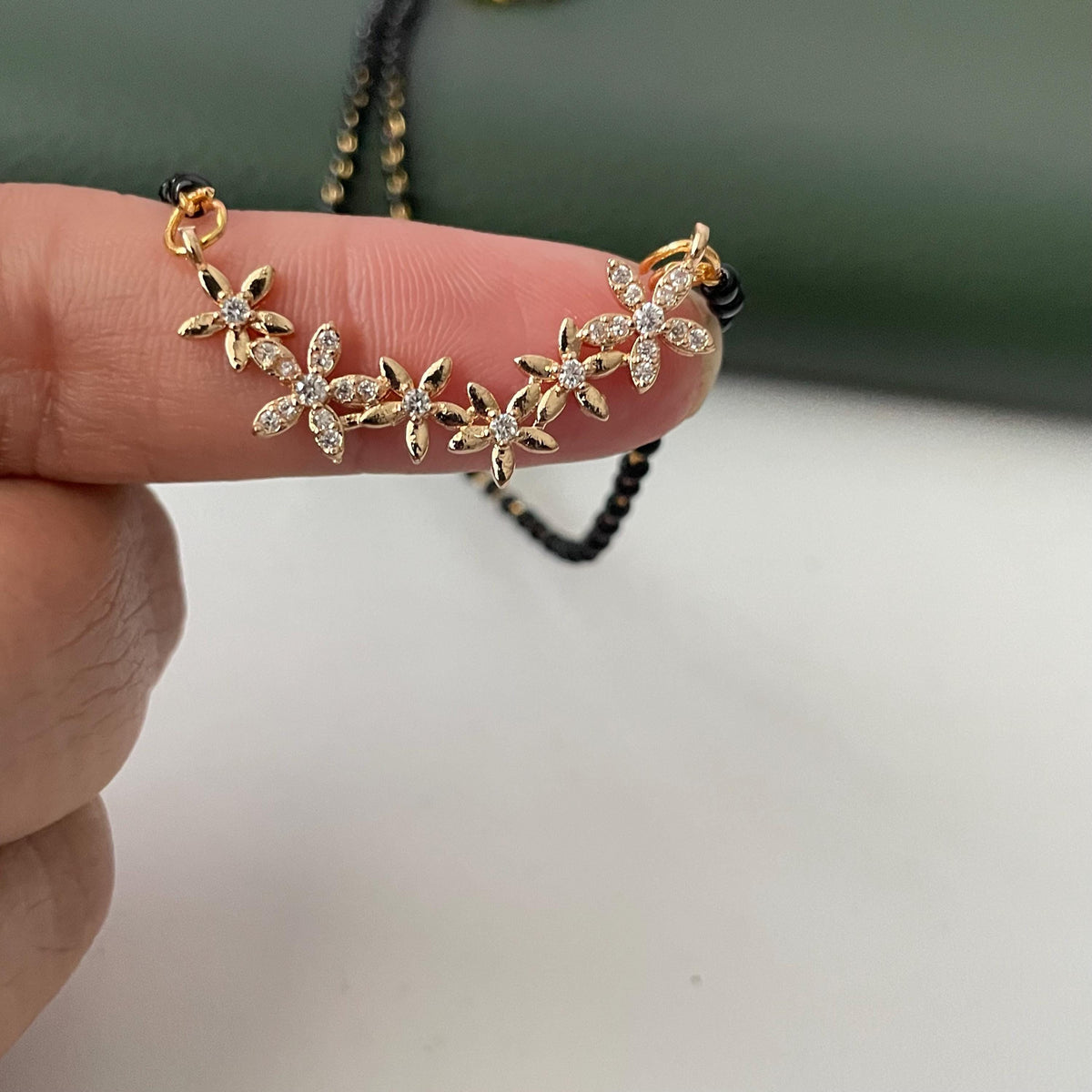 CZ small flower Mangalsutra :Black Bead Necklace