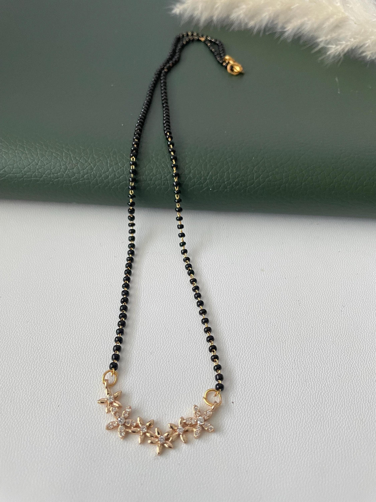 CZ small flower Mangalsutra :Black Bead Necklace