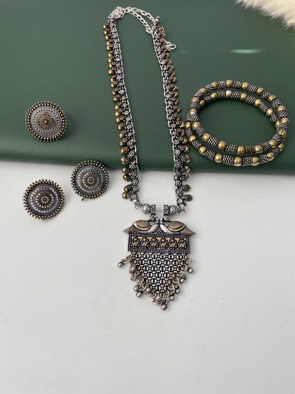 Oxidized Maa Durga/Peacock Necklace Set: Indian Navratri Jewelry