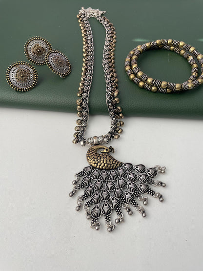 Oxidized Maa Durga/Peacock Necklace Set: Indian Navratri Jewelry