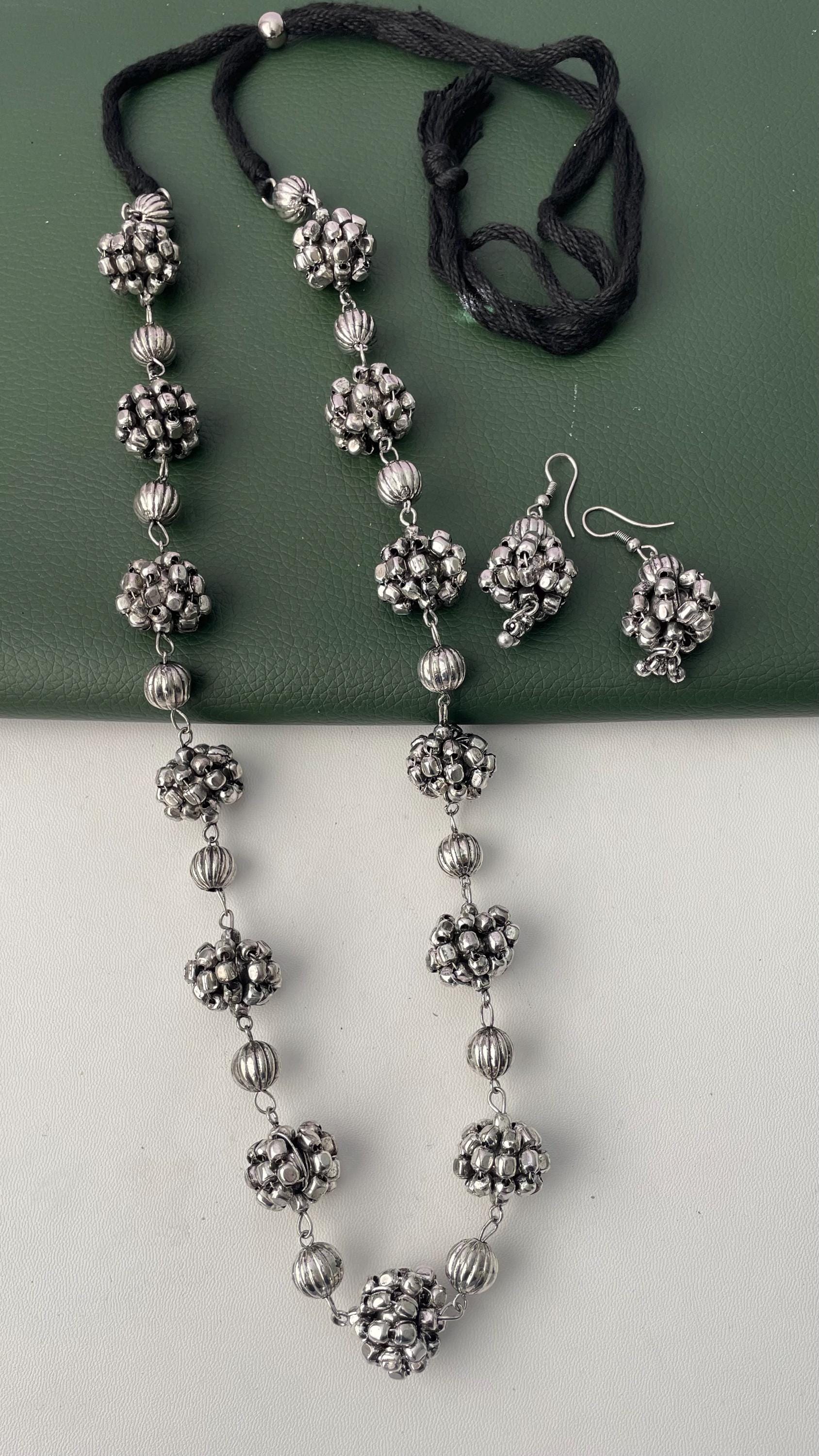 Oxidized Indian Necklace Set: Navratri Jewelry, Adjustable Length