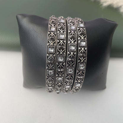 Oxidized Indian Bangle Set with Rhinestone Detail (Set of 4)