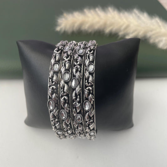 Oxidized Indian Bangle Set with Rhinestone Detail (Set of 4)