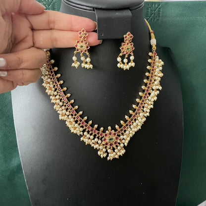 Ruby and green kemp stone and pearl necklace set