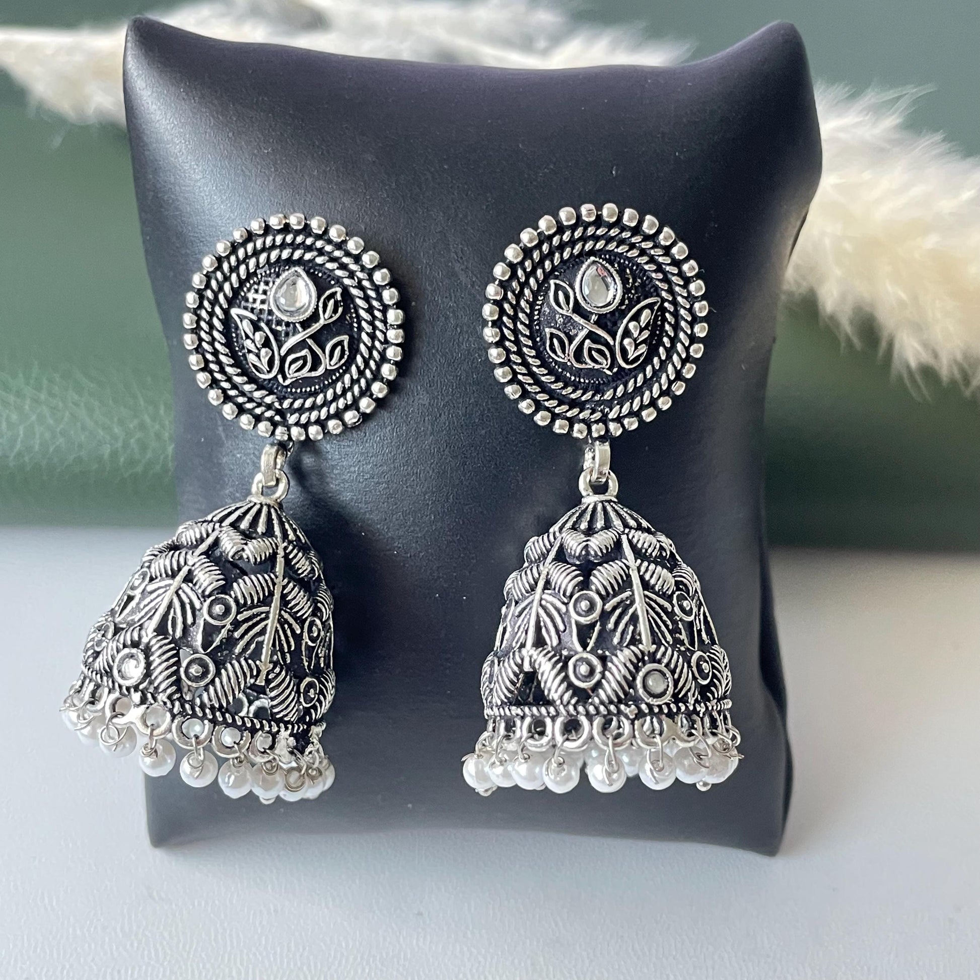 Dainty intricate designed Oxidised jhumkis
