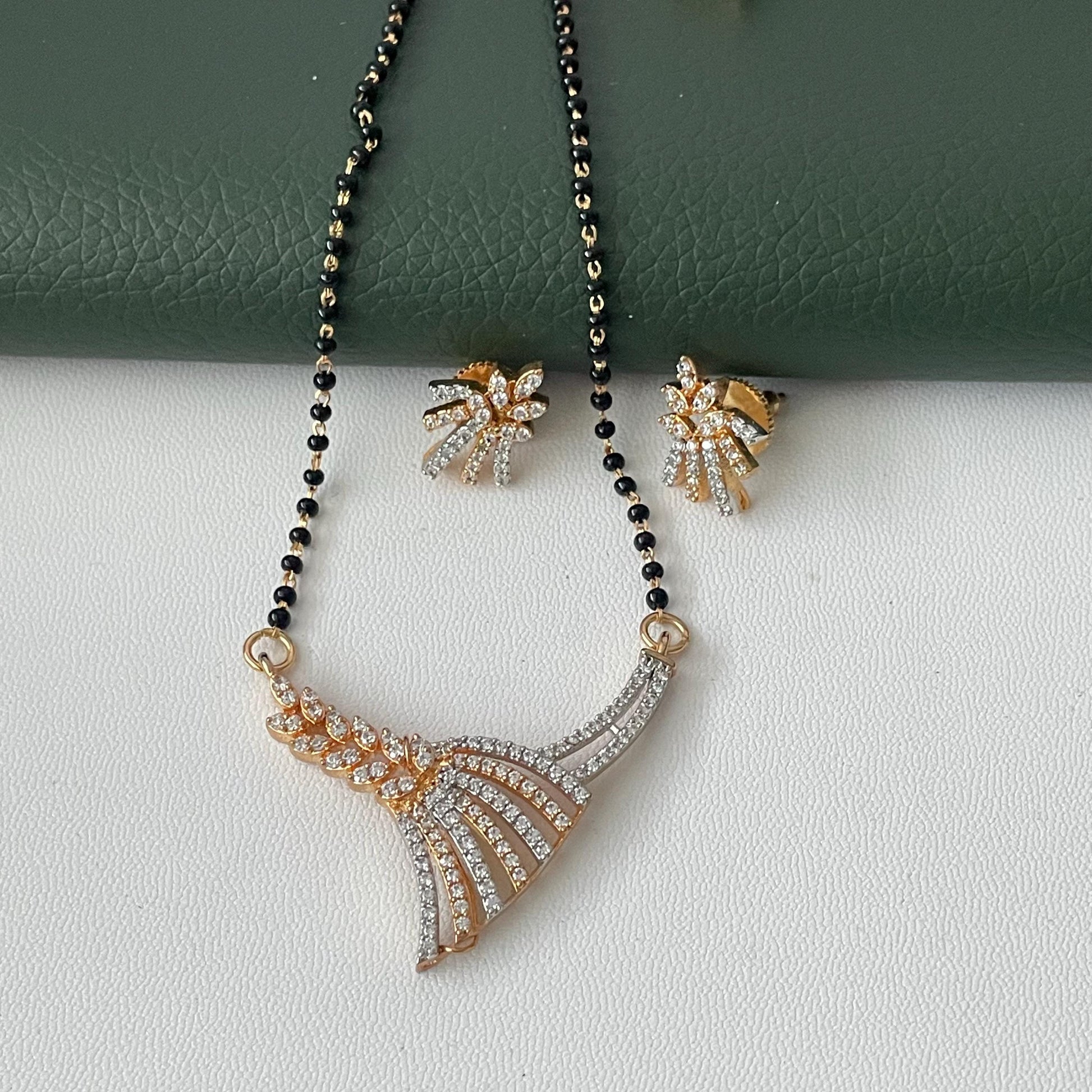 CZ pendent Mangalsutra with earrings :Black Bead Necklace
