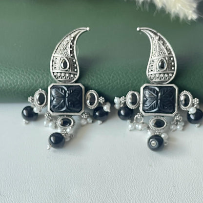 Black monalisa stone paisley Oxidised earrings
