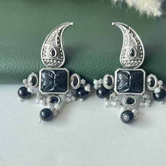 Black monalisa stone paisley Oxidised earrings