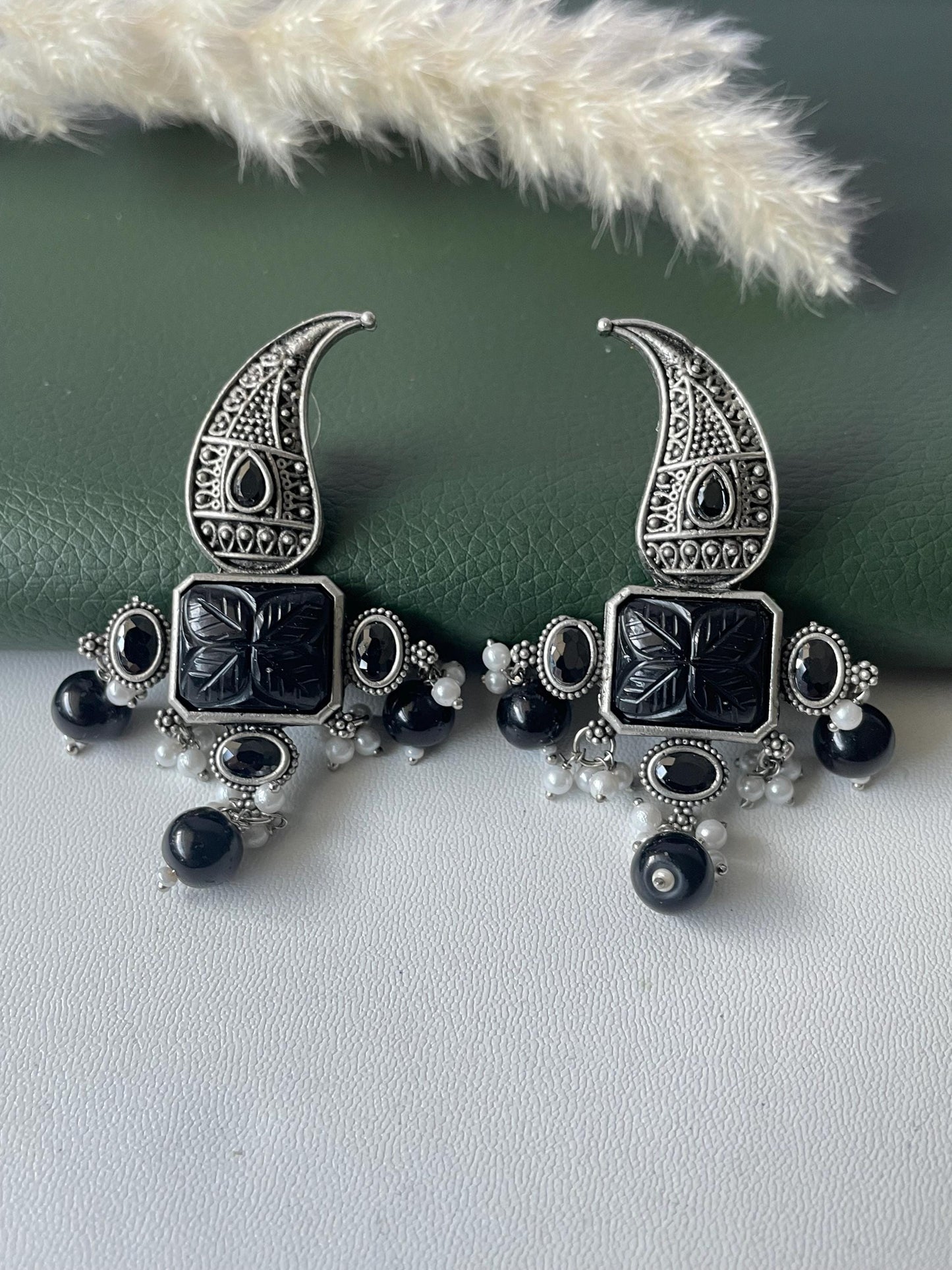 Black monalisa stone paisley Oxidised earrings