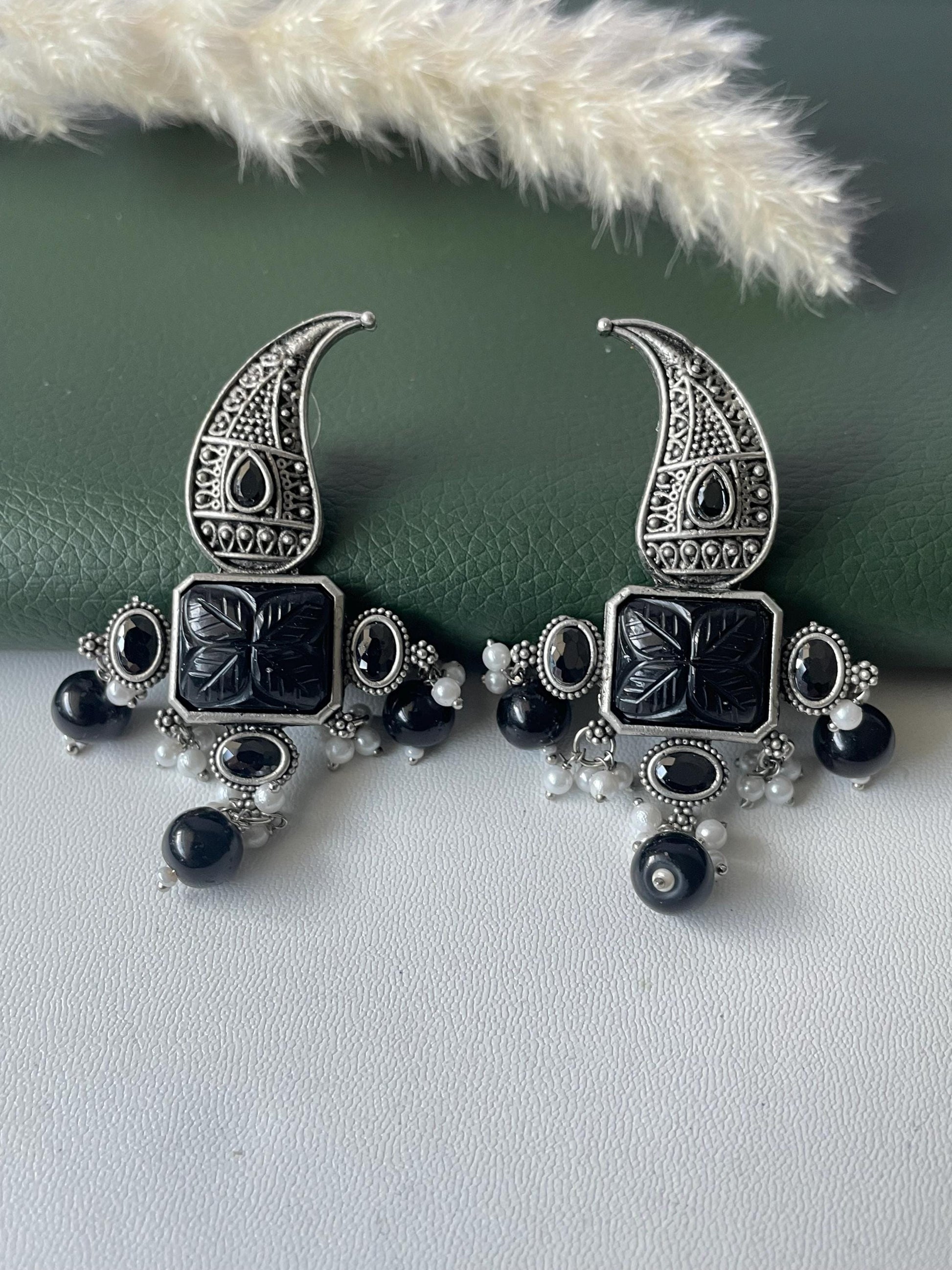 Black monalisa stone paisley Oxidised earrings
