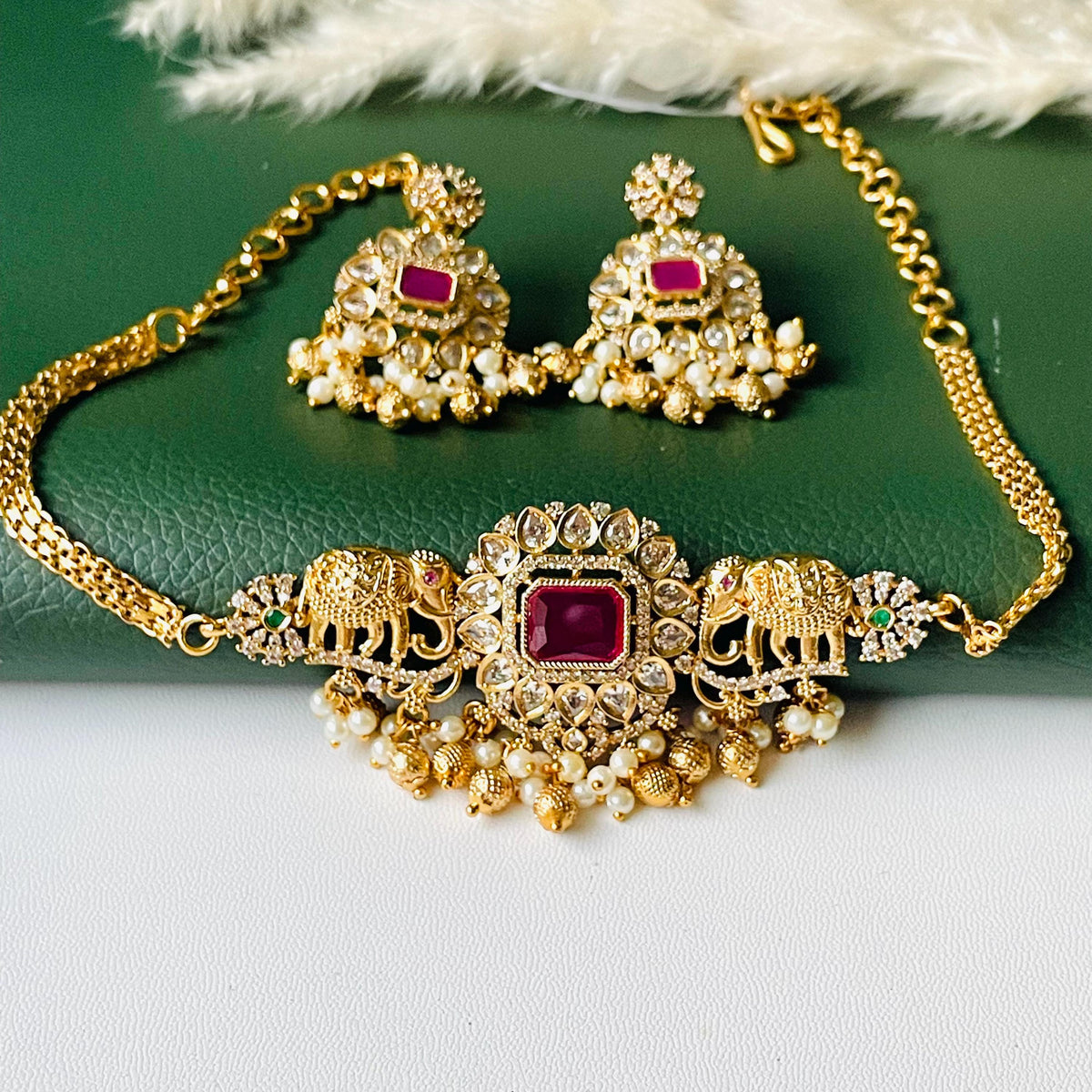 Ruby and green kemp stone pearl and CZ dainty necklace set