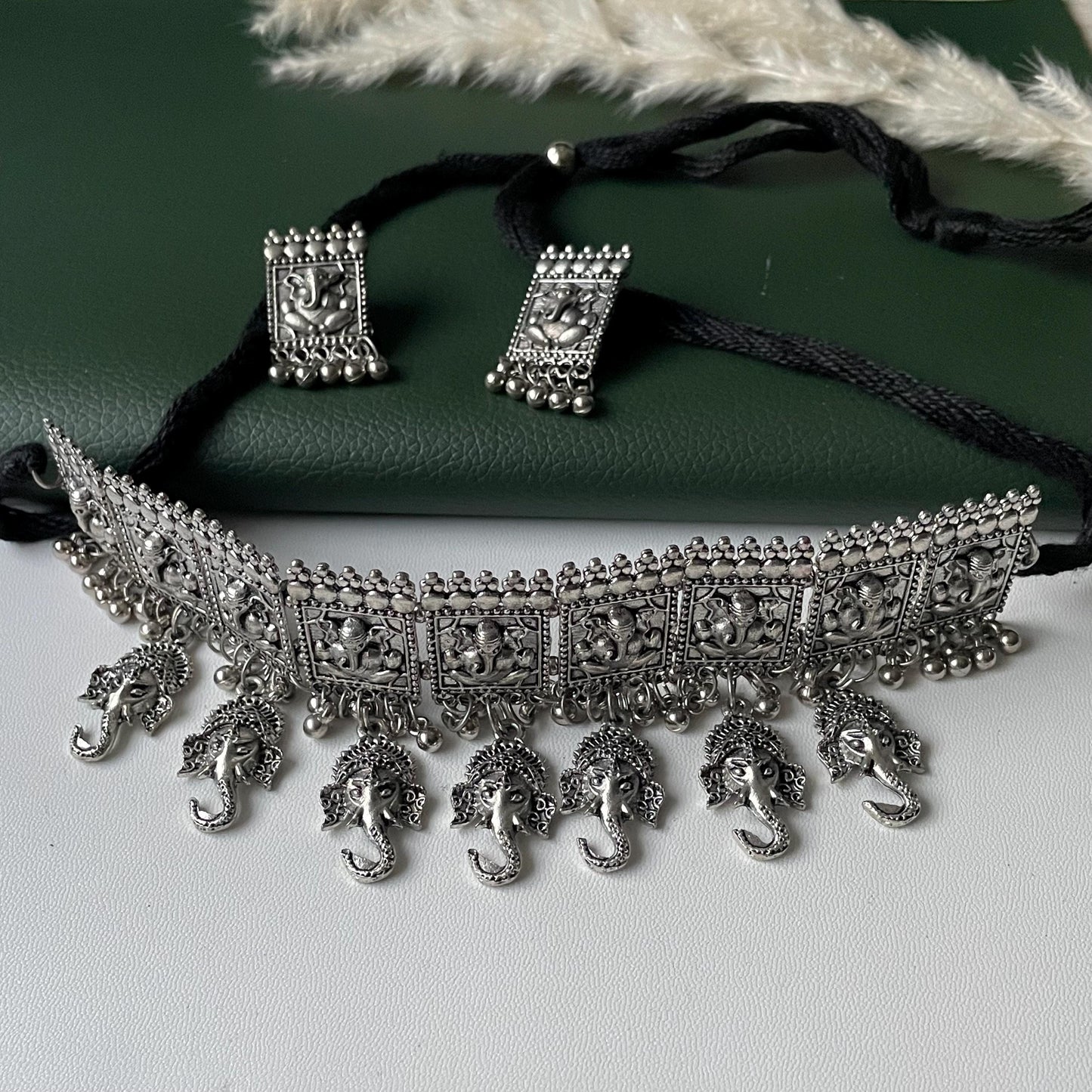 Oxidized Krishna Choker Necklace with Earrings: Red Beads