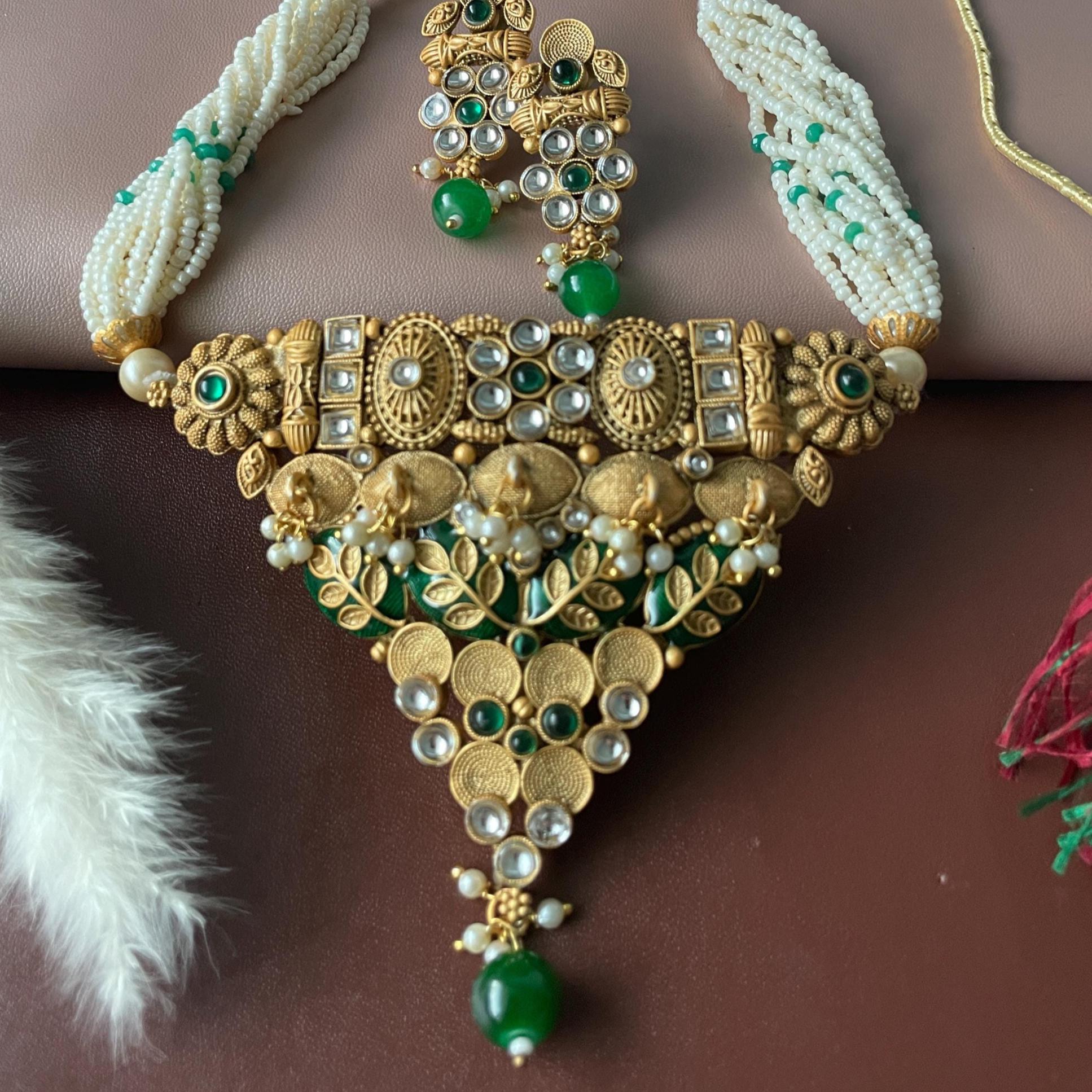 Kundan Choker Set: Rajawadi Gold Finish Necklace & Earrings