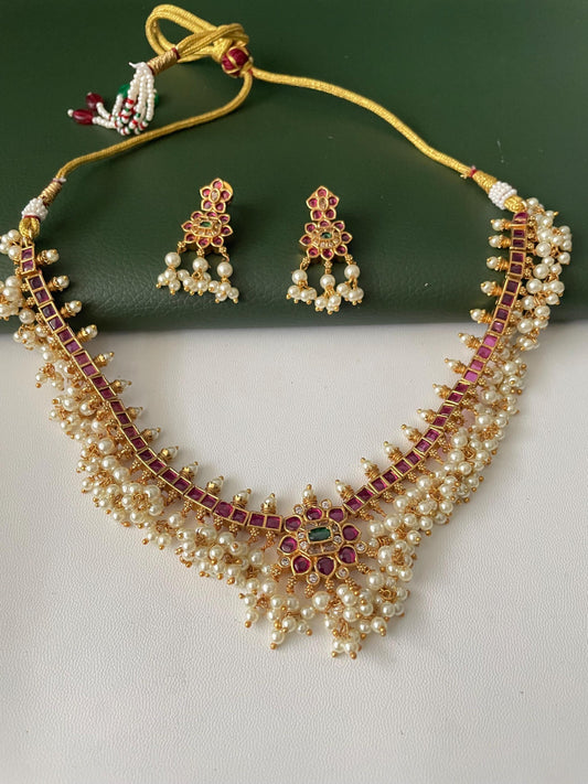 Ruby and green kemp stone and pearl necklace set