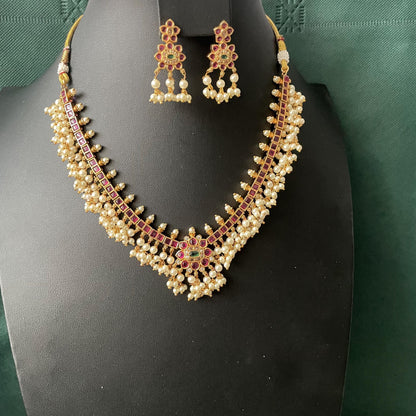 Ruby and green kemp stone and pearl necklace set