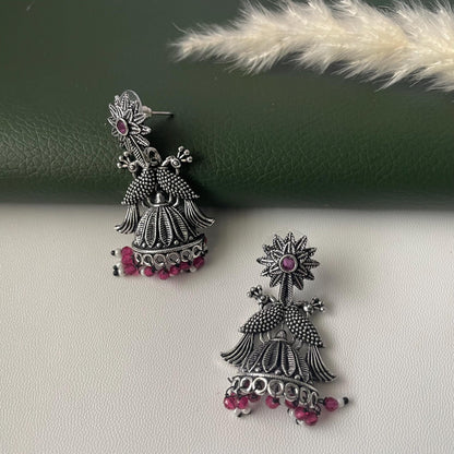 Oxidised green or ruby beads peacock half jhumkis