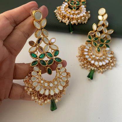 Green and white / ivory mirror necklace set with matching Maang tika
