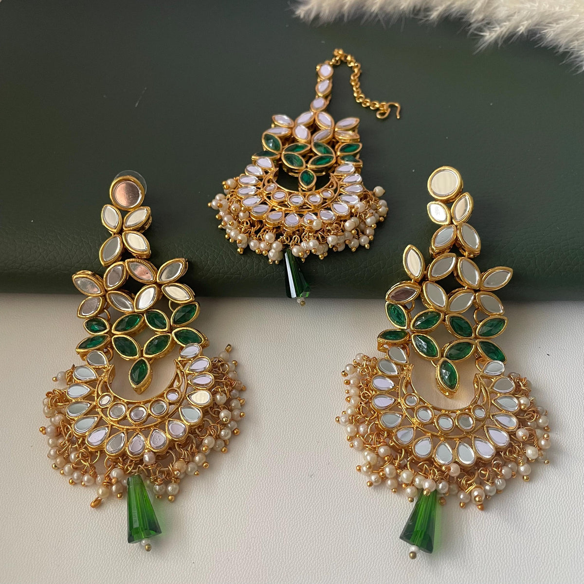 Green and white / ivory mirror necklace set with matching Maang tika